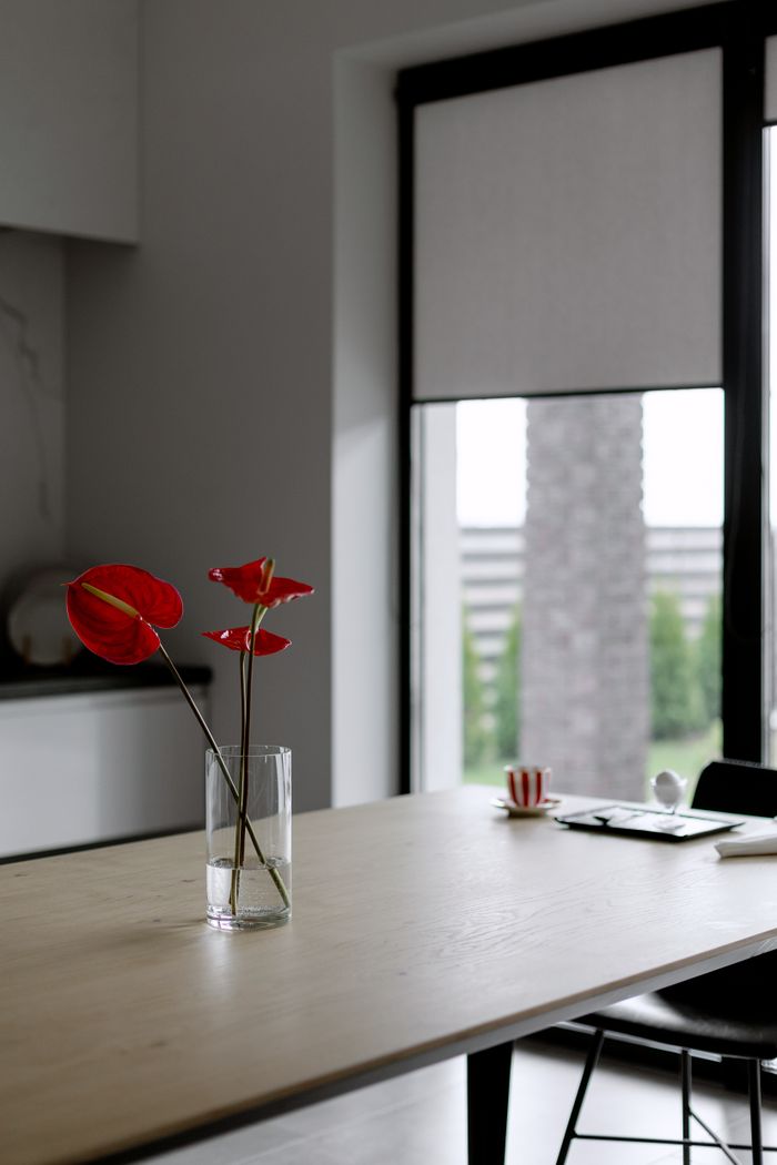 Modern indoor setting featuring a minimalist table and anthurium in a vase.
